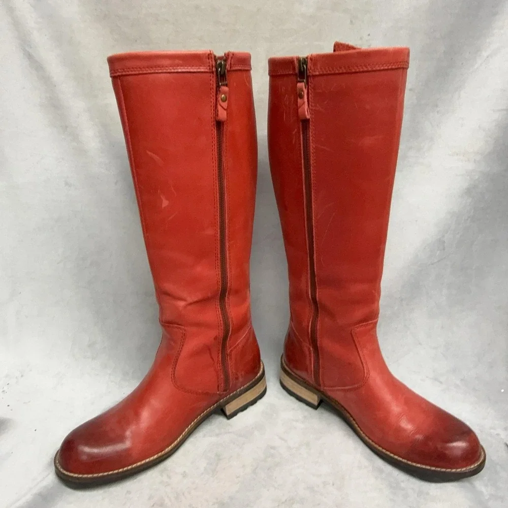 Kodiak Boots Womens Size 8 Red Leather Knee High Riding Waterproof Zip Buckle